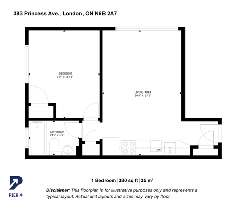 Floor plan for 1 bed, 1 bath